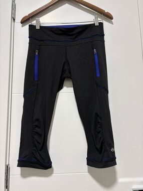 lululemon athletica Black Capri Leggings with Blue Trim